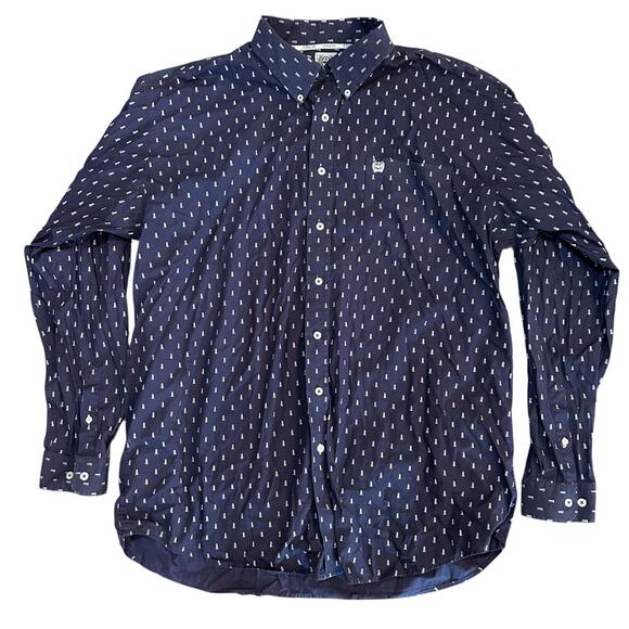 Cinch Men's Country Western Oil Derrick Print Shirt 2XL Button Down Navy Blue - Picture 1 of 8